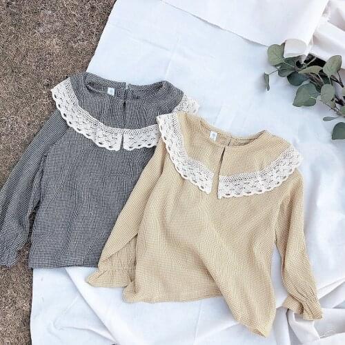 Fashion Baby Girl Plaid Blouse Tops Spring Long Sleeve Shirt Vintage Lace Blouse Tops 2-6 Year Child Turn Down Collar Blouse