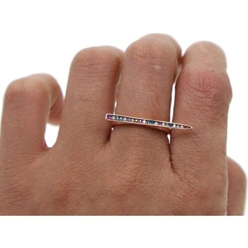 Fashion factory design jewelry geometric colorful cubic zirconia cz bar double finger bar rose gold color finger ring for women