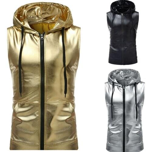 Fashion Oversized Shiny Metallic Hooded Vest Men Hoodie Zipper Bomber Tank Singer Hippie Street Club Waistcoat Dance Top For Men