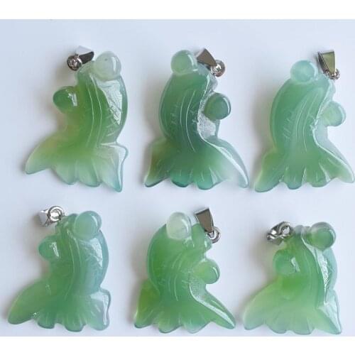 Natural stone hand-carved green onyx crystal gold fish pendant for diy Jewelry making Necklace Accessories 6pcs/lot Wholesale