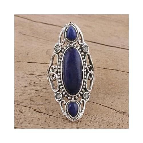2021 New Vintage Dark Blue Stone Rings for Women Hollow Personality Ethnic Boho Silver Color Finger Ring Statement Jewelry Gift