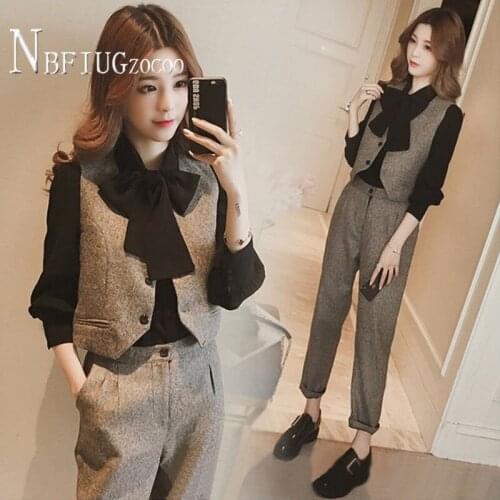 2020 Autumn Preppy Style Women Sets Vests Bowknot Blouse And Pants Female Sets