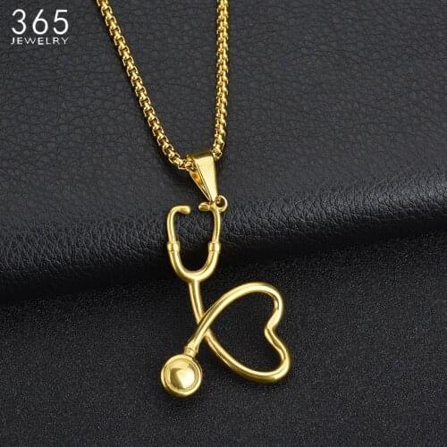 High Quality Gold Color Stainless Steel Stethoscope Pendant Necklace Heart Doctor Nurse Medical For Women Necklace