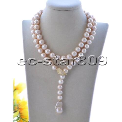 P7540 34" 12mm Pink Round FW Pearl Necklace Keshi Pendant Leaf CZ Choker Women jewelry