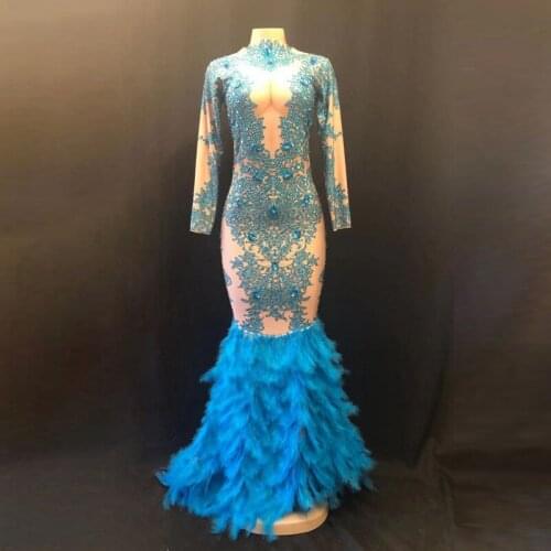 Blue Feather Rhinestones Stretch Dress Stage Outfit Women Birthday Celebrate Dresses Singer DS DJ Stage Evening Clothing