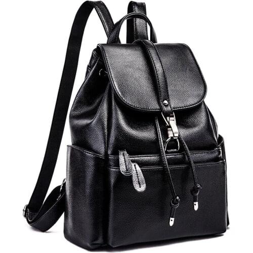 Genuine Leather Elegant Women Backpack Fashion Solid School Bags For Teenager Girls Large Capacity Casual Women Black Back C562