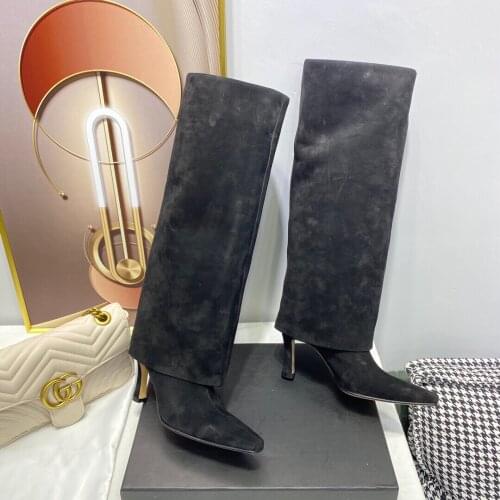 2021 Newest Winter Shoes Woman Mature Nubuck Knee High Boots Woman High Boots Square-Toes High Heels Boots Woman Sapato Feminino