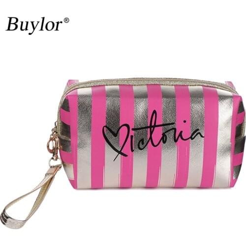 Buylor Waterproof Laser Make Up Bag Striped Platinum Cosmetic Bags Women Wash Storage Bag PVC Pouch Travel storage Case Hot Sale