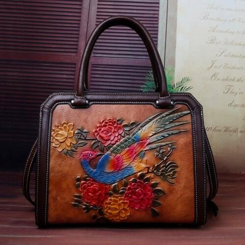 Genuine Leather Handbag Crossbody Tote Embossed Bags Floral Female First Layer Cowhide Women Messenger Shoulder Top Handle Bags