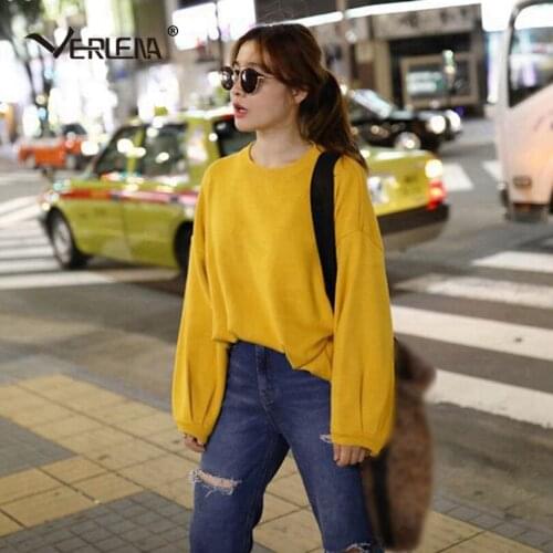 Verlena Korean Solid Red Loose Autumn Sweater Pullover Women Volume Lantern Sleeve Drop Shoulder O-Neck Jumper Knitted Tops 2019