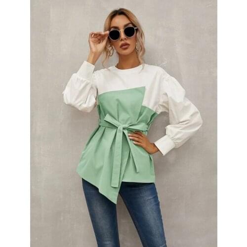 Spring Round Neck Color Matching Stitching Loose Shirts European And American Hedging Lantern Sleeve Shirt With Belt Outfit