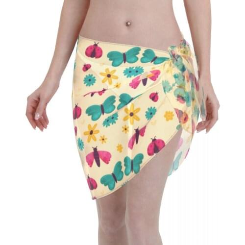 Womens Swim Wear Bikini Cover Up Cute Insects Flowers Beach Mini Wrap Skirt Sarong Pareo Shorts Summer Beachwear