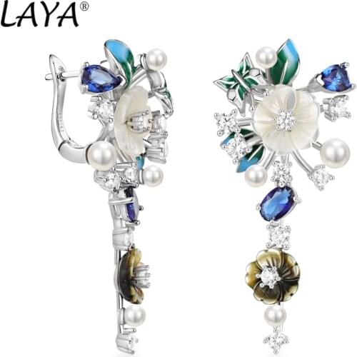 Laya 925 Sterling Silver Fashion Natural Shell Flower Green Leaf Enamel High Quality Zircon Earrings For Women Wedding Jewelry