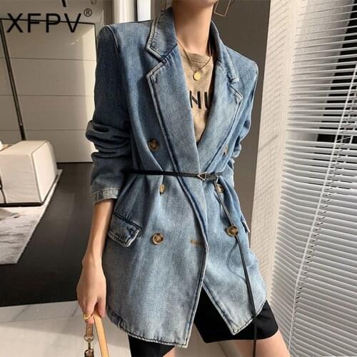 XFPV Solid Double Breasted Denim Blazers Korea 2021 Autumn New Arrival Personality Fashion Slim Blazer Coat Women