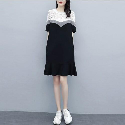 Womens 2021 Summer Fashion Dress Large Size Summer Chiffon Show Thin Temperament Lace Stitching Black Fishtail Dresses Female