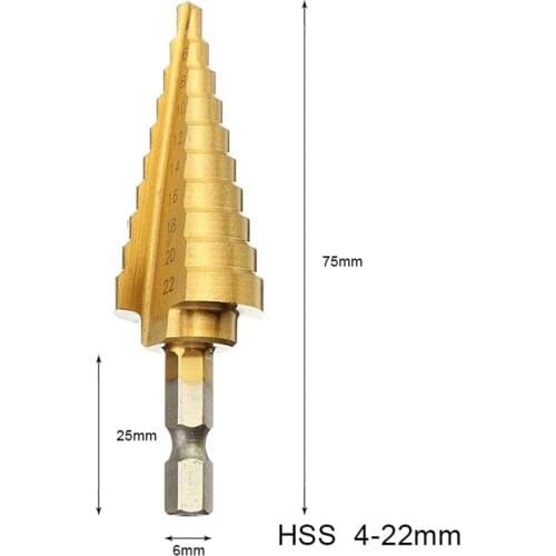 1pc 4-22mm Titanium Coated Step Drill HSS Straight Flute Pagoda Drill Hex Shank Woodworking Tool Hole Cutter HSS drill Bit