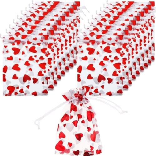 100pcs/set Valentines Day Love Bright Red Color Bundle Mesh Bag Gold-stamped Ogan Gift Bag
