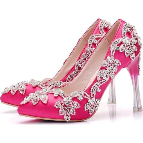 2019 Fashion Women Pumps Shoes Dress Silk Rhinestone Pointed Toe Thin Heels 10.5CM High Heels Womens Wedding Shoes