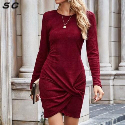 2020Autumn And Winter Womens Solid Color Party Dresses Pit Strip Long Sleeve Round Neck Slim Mini Dress Bodycon Female Clothing