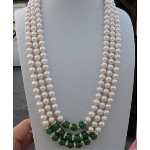 3row 8-9mm AAA green bead+white Pearl Necklace 20-22inch