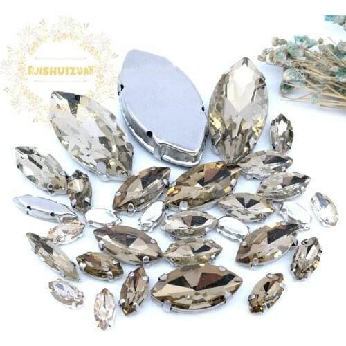 30pcs 8sizes! MIX Light coffee Horse eye Size Crystal Glass Sew-on Rhinestones Silver Bottom DIY Womens Dresses and shoes