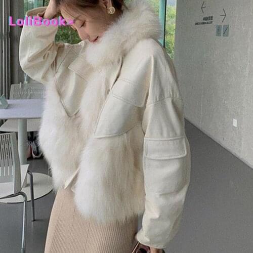 Lolibook2021 Women Winter Faux Fox Fur Jacket Female Stand Collar Long Sleeve Faux Leather Jacket casaco pele fake fluffy jacket
