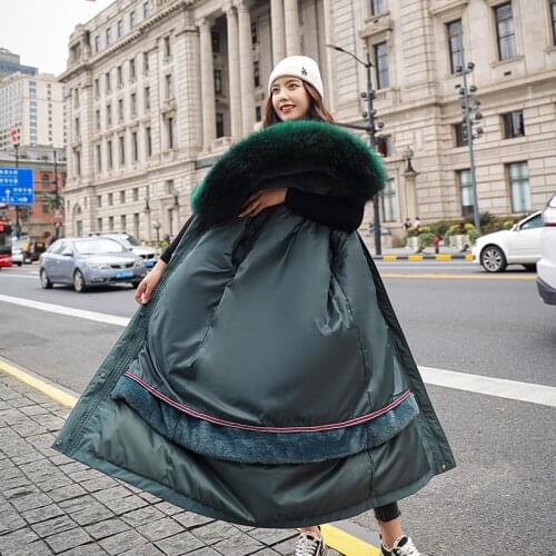 Korean Style Womens Winter Jacket Wool Liner Solid Thick Long Parkas Woman Plus Size Hooded With Fur Collar Slim Female Outwear