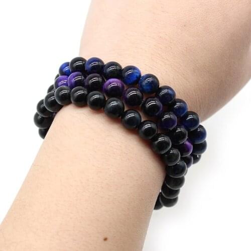 Natural Stone Fashion AAA Royal Blue Purple Tiger Eye Stone Mens Bracelet Beads Stretch Charm Bracelets for Women Men Jewelry