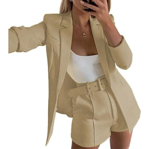 New Solid Color Pockets Women Office Suit Outfit Two-piece Cardigan Blazer High Waist Shorts Belt Set for Autumn Streetwear