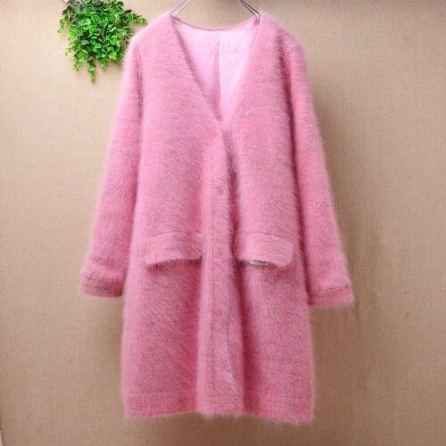 Medium-long Popular sweet girl slim sweater coat pink v-neck long sleeves mink cashmere knitted coat fuzzy hair winter jackets