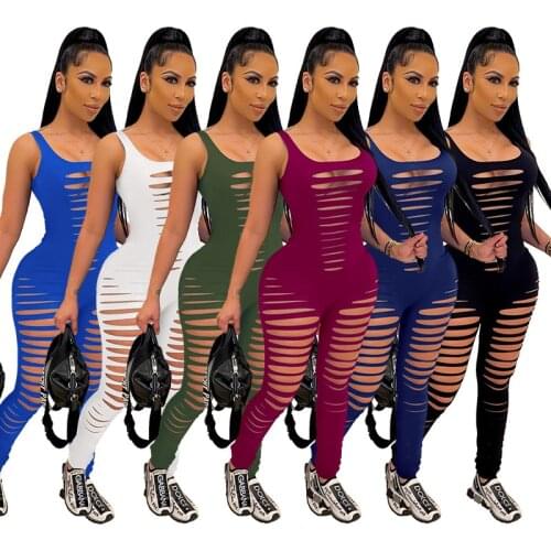 Sexy Ribbed Hollow out Tank Jumpsuit Women Club Party Wear Backless Hole Sleeveless Bodycon Long Rompers One Piece Outfit 2021