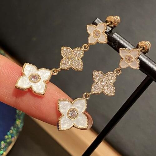 Cute Clover Gold Stud Earrings with BLing Zircon Stone Long Korean Earrings for Women Fashion Jewelry