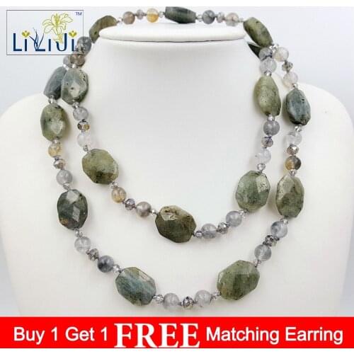 LiiJi Unique Natural Stone Labradorite facted&Grey quartz round beads&Grey Crystal women long fashion necklace 91cm/36inches