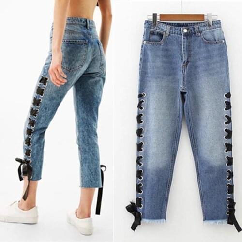 Spring summer fashion ladies casual cowboy blue side lace up zipper waist denim pants women vintage Bow tie loose jeans pants
