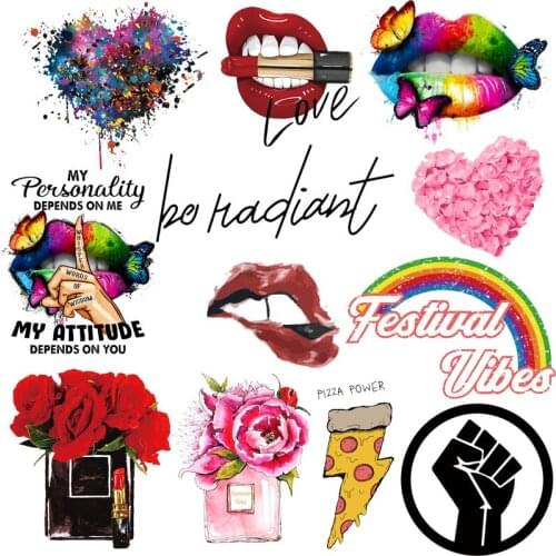 Sexy lips Heat Vinyl Transfer Beautiful Flower Iron On Transfers T Shirt Thermo Stickers Clothing Butterfly Patch Appliques DIY