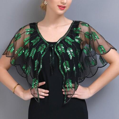 Womens Evening Cape Sequin Deco Paisley 1920s Shawl Flapper Cover Up Mesh Embroidery Leaf Women Bolero Party Accessories