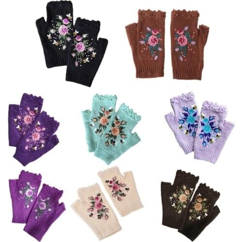 Women Winter Crochet Knitted Fingerless Gloves Sweet Colorful Floral Bee Embroidery Thumbhole Texting Mittens Stretchy Arm