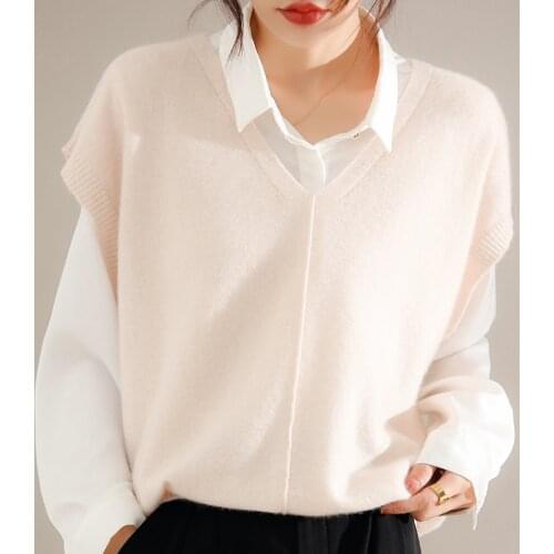 2021 Autumn Winter Womens Vest 100% Wool Knitted Jumper Vest Loose Sweater Waistcoat Female V-Neck Pullover Sleeveless Tops