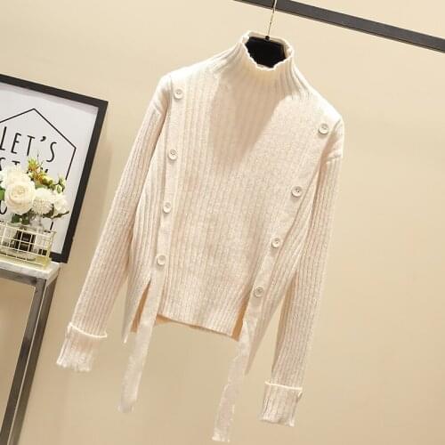 Fall 2020 Women Plus Size M-4XL Sweater Loose Long Sleeve Irregular Split Button Turtleneck Knitted Pullover Sweater Top
