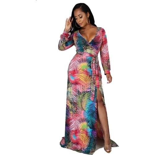 2021 Autumn Women V Neck Vintage Printed Dress Long Sleeve Bohemian Maxi Dress Sexy Side Split Patchwork Bodycon Party Dress