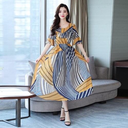Chiffon Dress Womens 2020 Summer Large Size Temperament Dresses Women Stitching Chiffon Printed Ruffled Beaded Vestidos Z991
