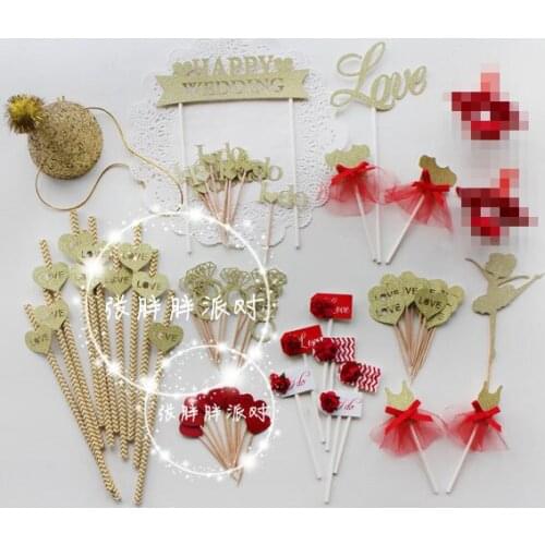 58pcs diamond glitter red cute girl wedding dessert table arrangement, flower Cupcake Toppers love creative table decoration
