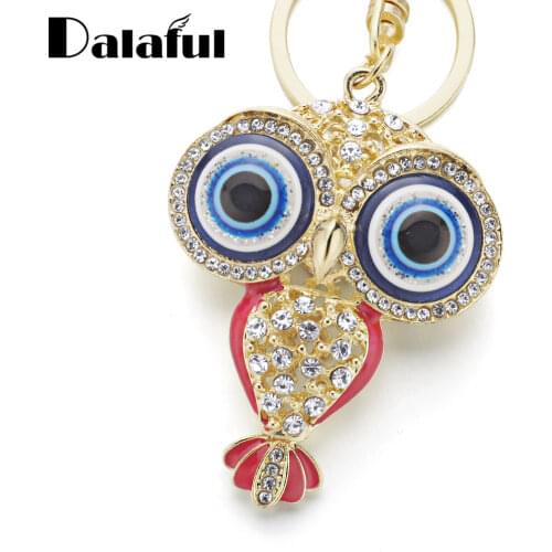 Dalaful Big Porcelain Eyes Owl Rhinestone Crystal Keyrings Keychains Pendant Purse Bag Buckle key chains holder for women K190