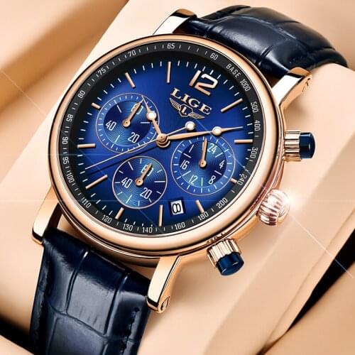 2021 LIGE Men Leather Sports Watches Luxury Brand Mens Wristwatch Fashion Chronograph Watch Man Quartz Clock Relogio Masculinos