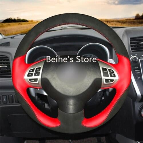 Black Suede Red leather Hand Sew Wrap Car Steering Wheel Cover For Mitsubishi Lancer X 10 2007-2015 Outlander 2006-2013