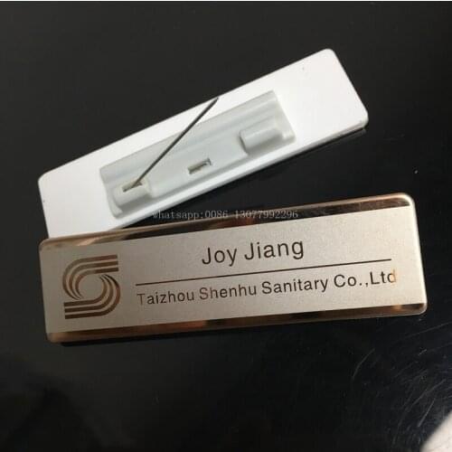 50pcs custom pin name badge 70*20mm personalized laser employee name tag holder with stainless steel and acrylic plate