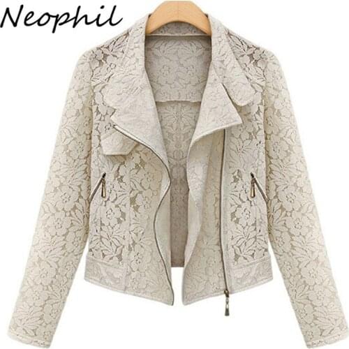 Neophil 2021 Autumn Winter Fashion Long Sleeve Zipper Hollow Out Lace Biker Black Short Jackets Ladies Office Work Wears C21746