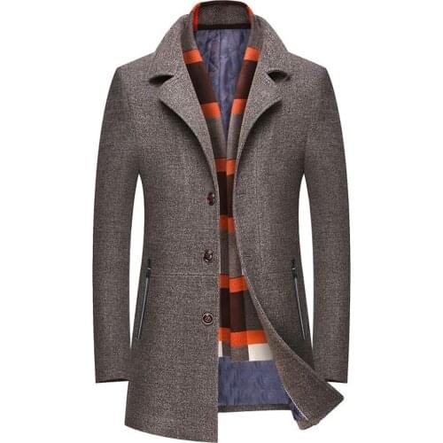 Men s Wool Blend Winter Trench Coat Slim Fit Pea Coat With Removable Plaid Scarf-C