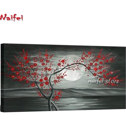 5D DIY Diamond Painting Grey and Red Plum Blossom Tree and Full Moon Landscape DIY 5D Diamond Embroidery Cross Stitch kits