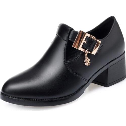 New Autumn Black Soft Genuine Leather Shoes Women Shoes Elegant Fashion Comfort Thick with High Heels Plus Size Women Pumps 5 Cm